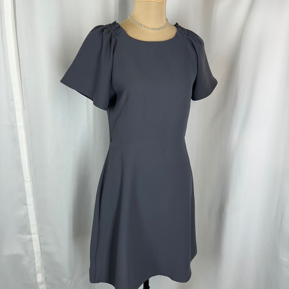 LOFT Petites Dress Womens 6P Gray Fit Flare Flutter Sleeve Career